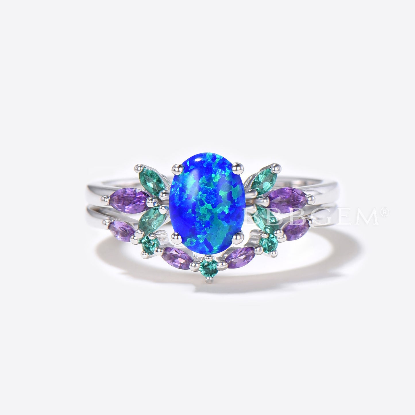 Unique 1.5ct Oval Cut Blue Opal Engagement Ring Set Sterling Silver Emerald Amethyst Wedding Ring Galaxy Blue Fire Opal Bridal Set Promise Gift