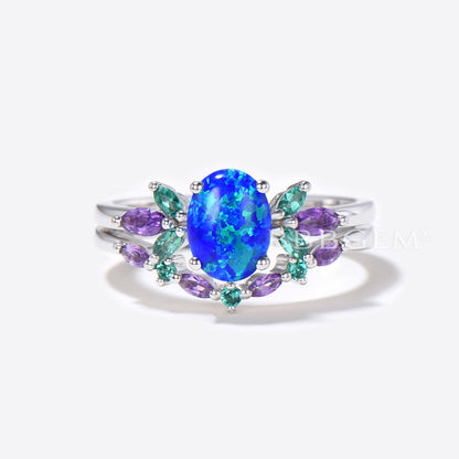 Unique 1.5ct Oval Cut Blue Opal Engagement Ring Set Sterling Silver Emerald Amethyst Wedding Ring Galaxy Blue Fire Opal Bridal Set Promise Gift