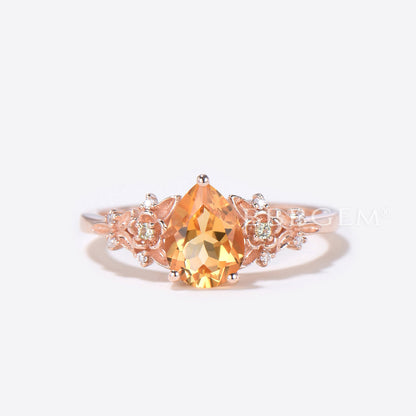 Citrine Engagement Ring Rose Gold Floral Diamond Wedding Ring