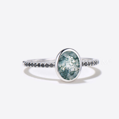 Bezel Set Oval Cut Moss Agate Ring White Gold Engagement ring