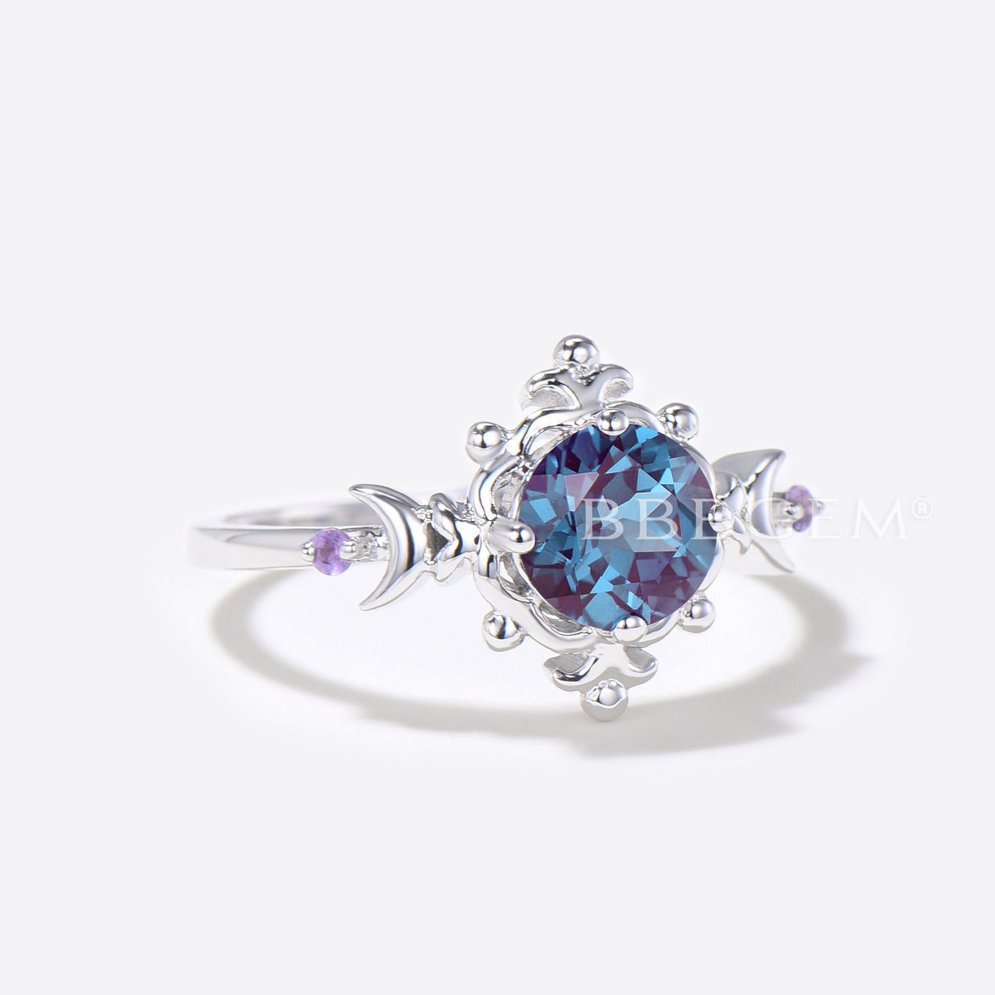 Filigree Wedding Ring Moon Round Alexandrite Engagement Ring