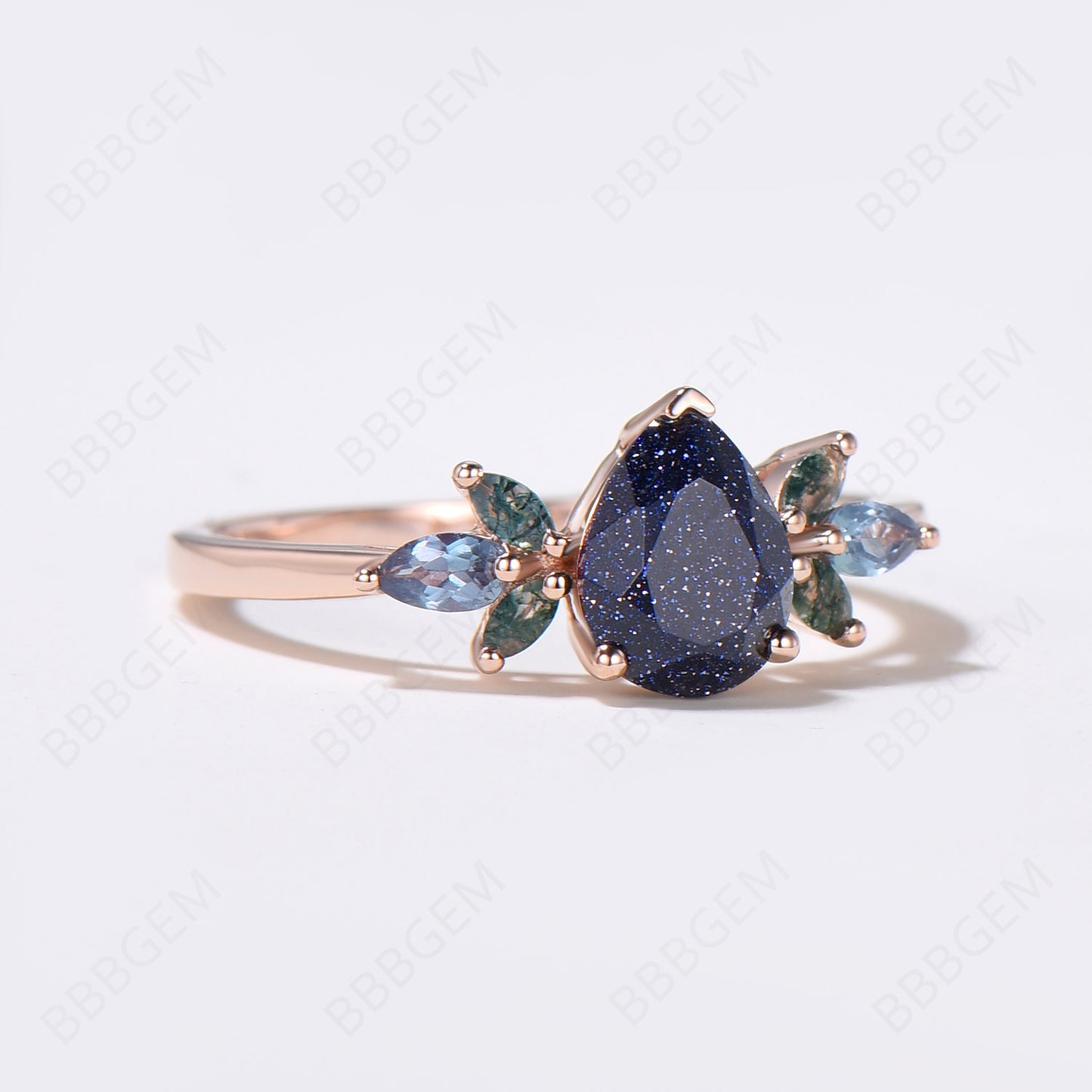 1.25ct Pear Shaped Blue Sandstone Engagement Ring 7 Stone Moss Agate Cluster Wedding Ring Rose Gold Blue Goldstone Promise Ring