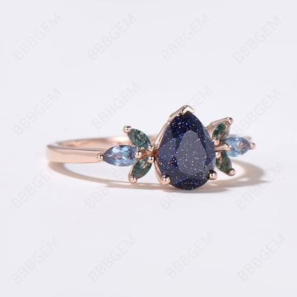 1.25ct Pear Shaped Blue Sandstone Engagement Ring 7 Stone Moss Agate Cluster Wedding Ring Rose Gold Blue Goldstone Promise Ring