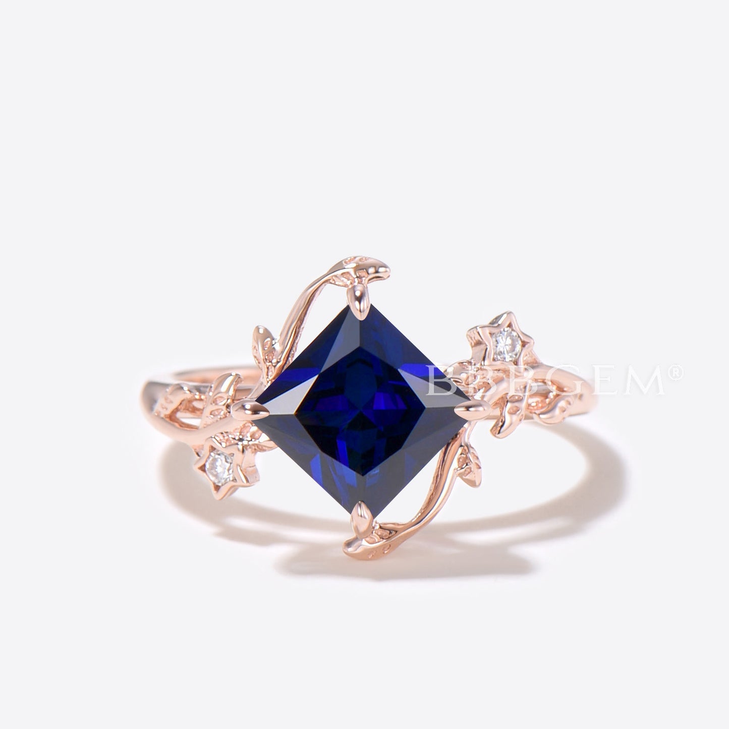 Moon Leaf Princess Cut Blue Sapphire Engagement Ring Nature Inspired Ring