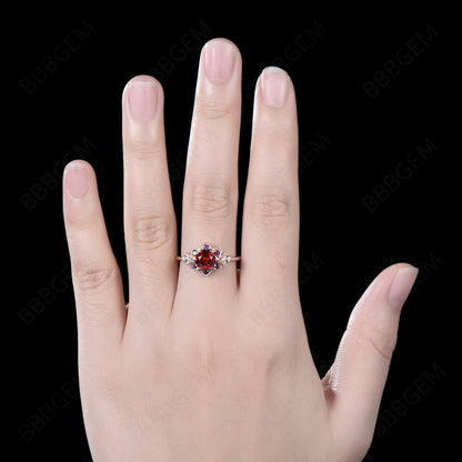 Floral Red Garnet Engagement Ring Moon Halo Amethyst Ring