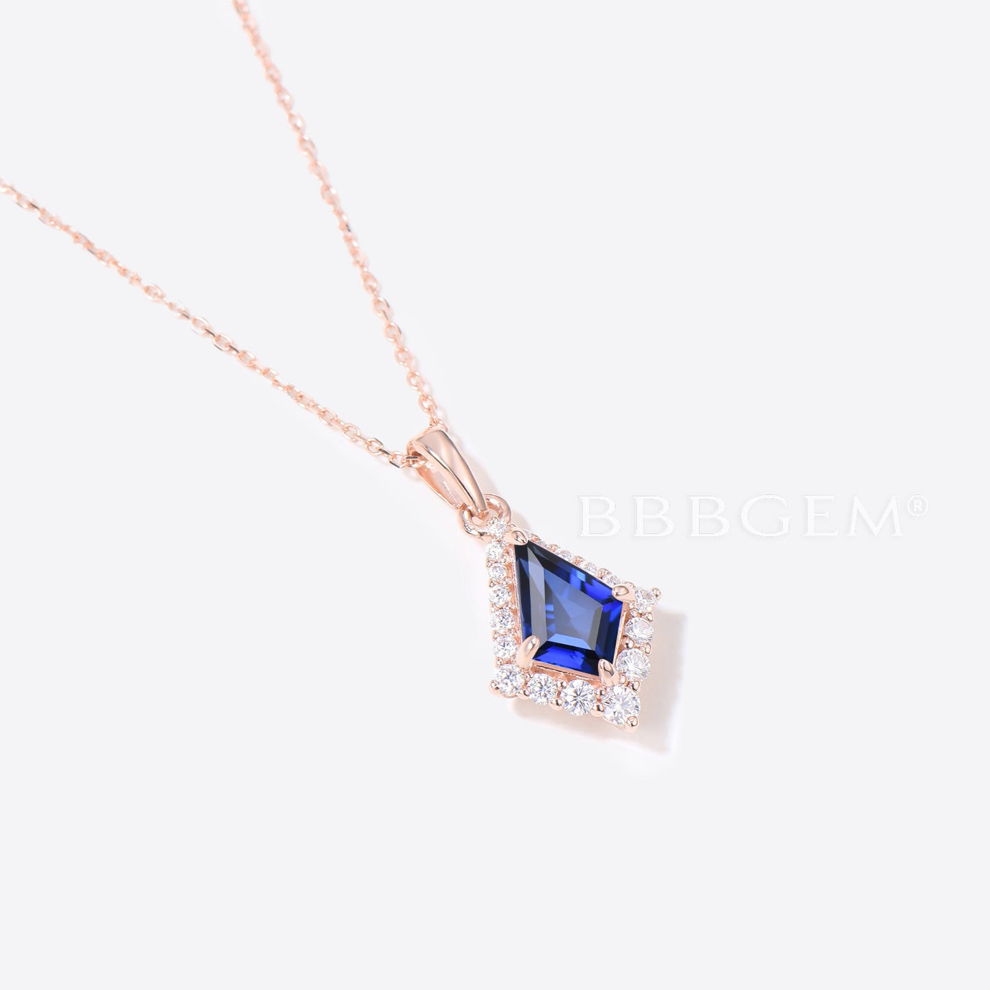 Rose Gold Kite Cut Blue Sapphire Necklace Halo Moissanite Pendant