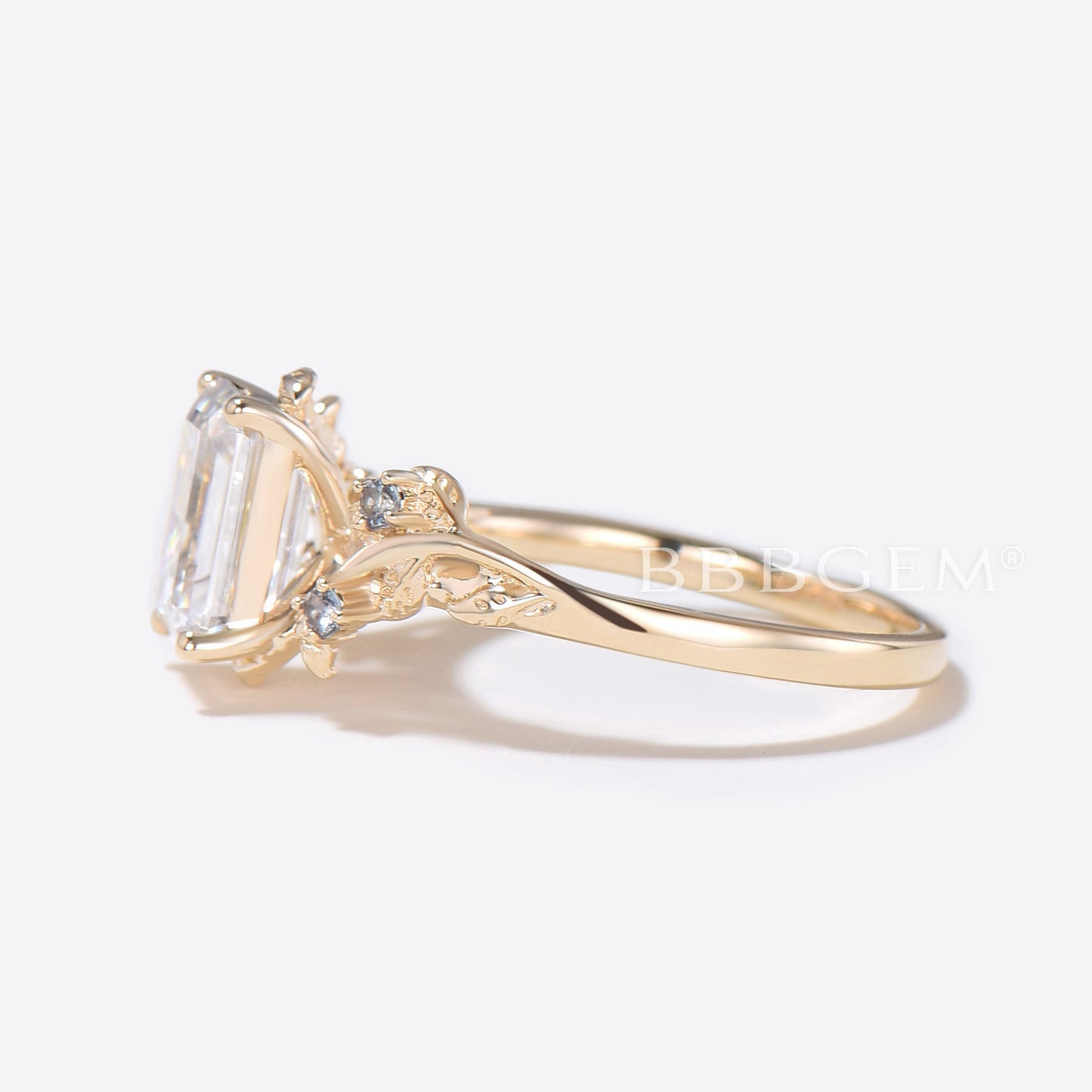 Nature Inspired Twig Leaf Emerald Cut Moissanite Engagement Ring