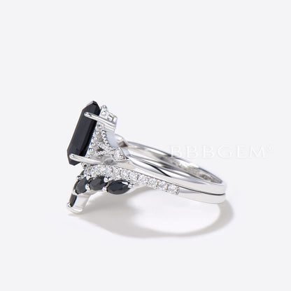 Coffin Shaped Black Onyx Engagement Ring Set Diamond Spinel Ring