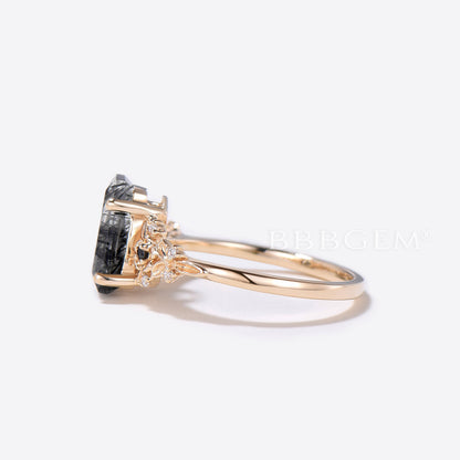 Coffin Shaped Black Rutilated Quartz Engagement Ring Floral Ring