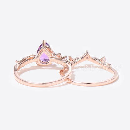 Twig Leaf Natural Amethyst Bridal Set 1.25ct Pear Shaped Amethyst Engagement Ring Purple Crystal Ring