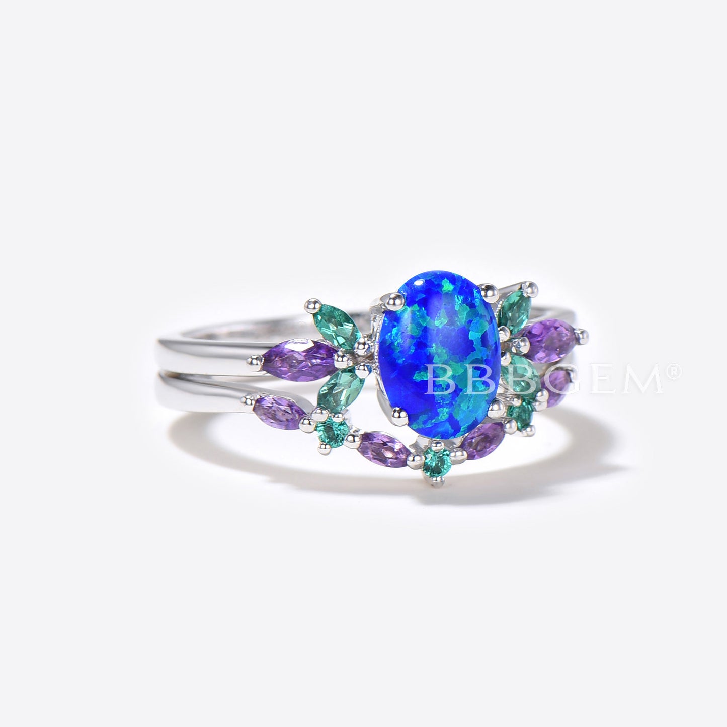 Unique 1.5ct Oval Cut Blue Opal Engagement Ring Set Sterling Silver Emerald Amethyst Wedding Ring Galaxy Blue Fire Opal Bridal Set Promise Gift