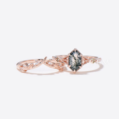 Long Hexagon Cut Moss Agate Ring Set Rose Gold 3-Stones Hexagon Moss Agate Engagement Ring With Square Peridot Accents