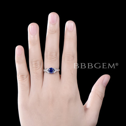 14K Gold Filigree Ring 1CT Round Blue Sapphire Engagement Ring