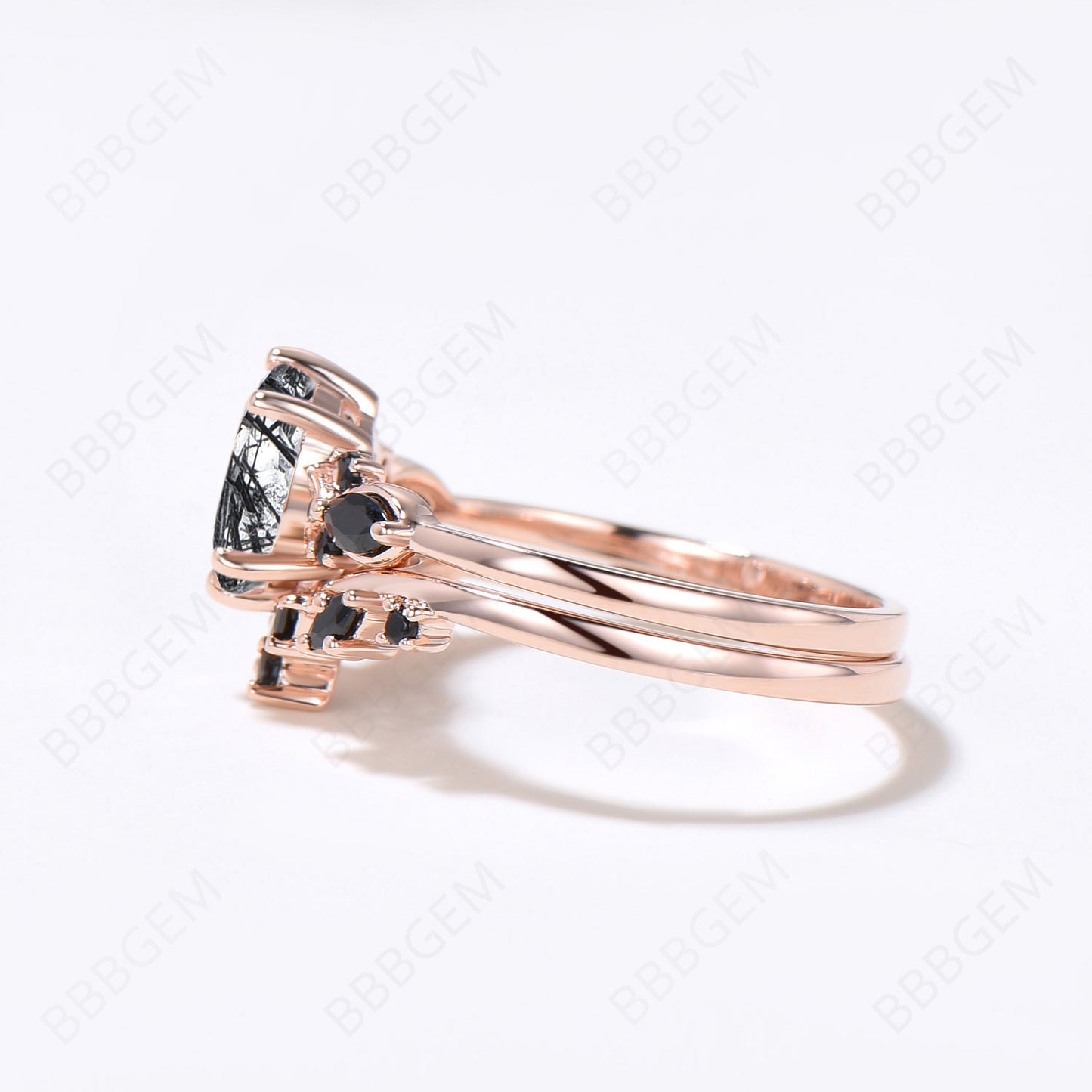 Rose Gold Oval Black Rutilated Quartz Engagement Ring Set