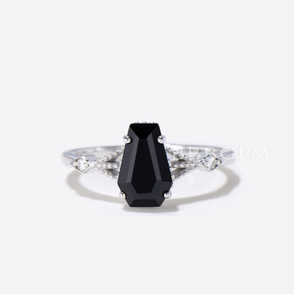 Coffin Shaped Black Onyx Engagement Ring Set Diamond Spinel Ring