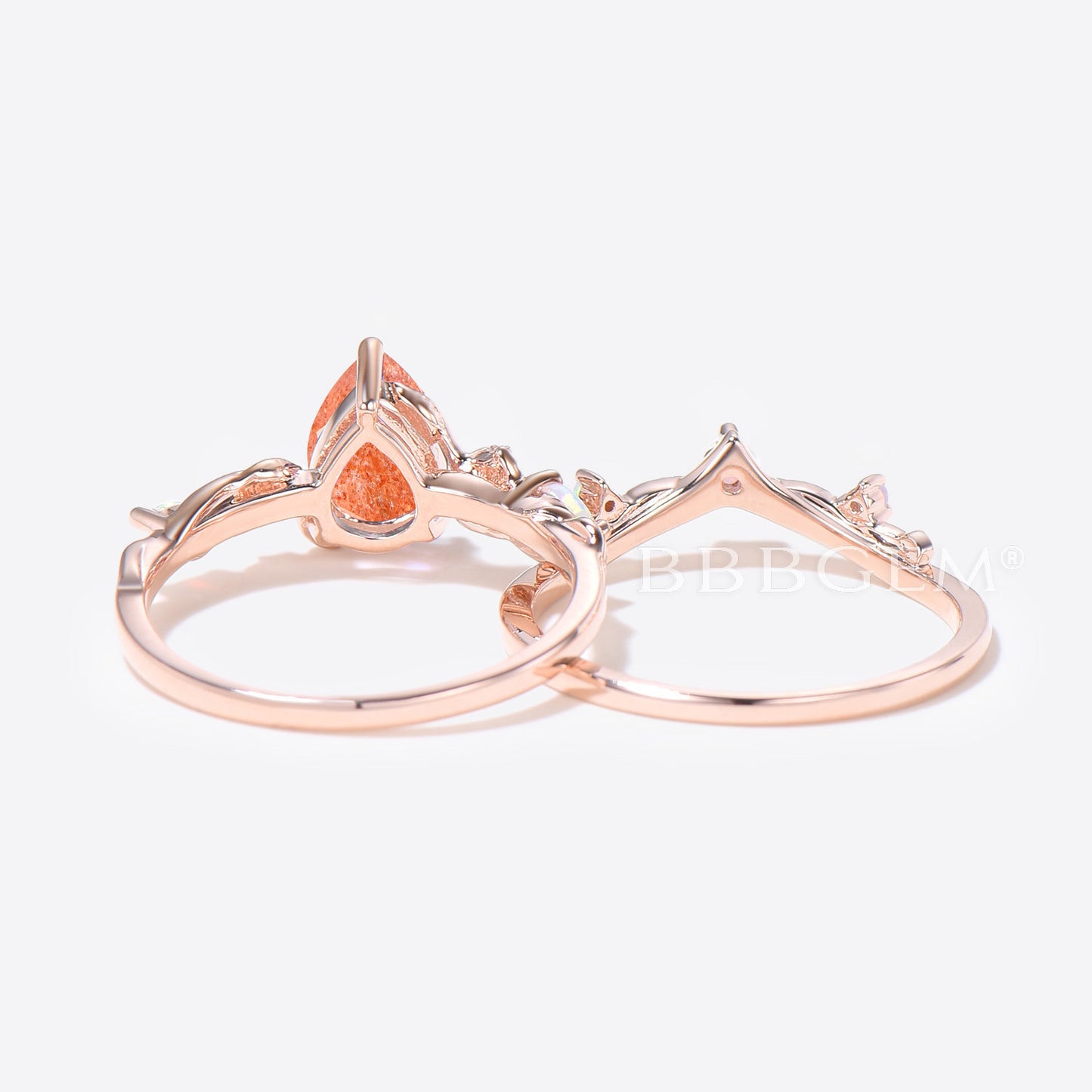 Twig Vine Pear Shaped Sunstone Engagement Ring Leaf Opal Bridal Set