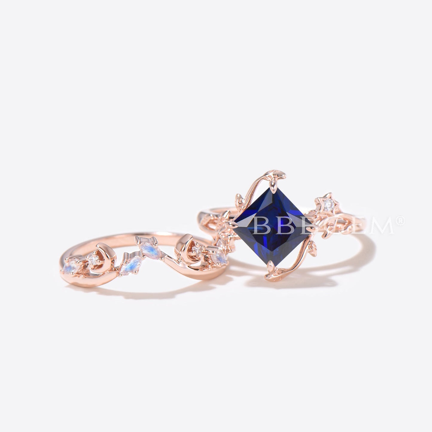 Moon Leaf Princess Cut Blue Sapphire Engagement Ring Nature Inspired Ring