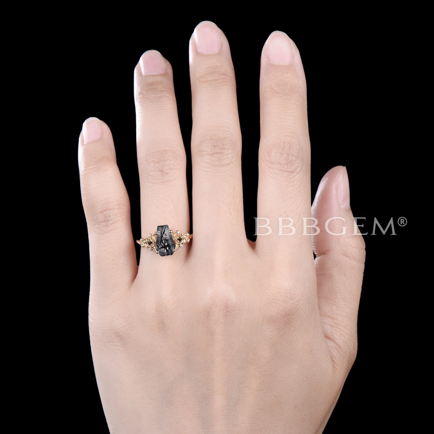 Coffin Shaped Black Rutilated Quartz Engagement Ring Floral Ring