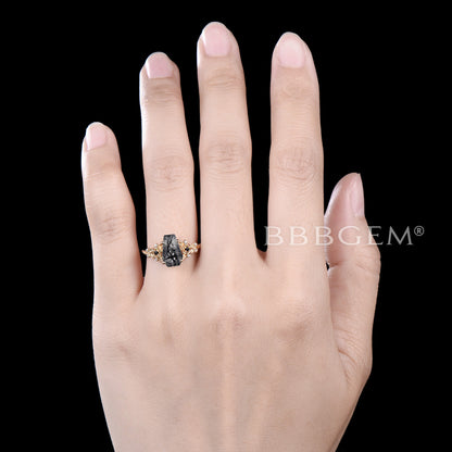 Coffin Shaped Black Rutilated Quartz Engagement Ring Floral Ring