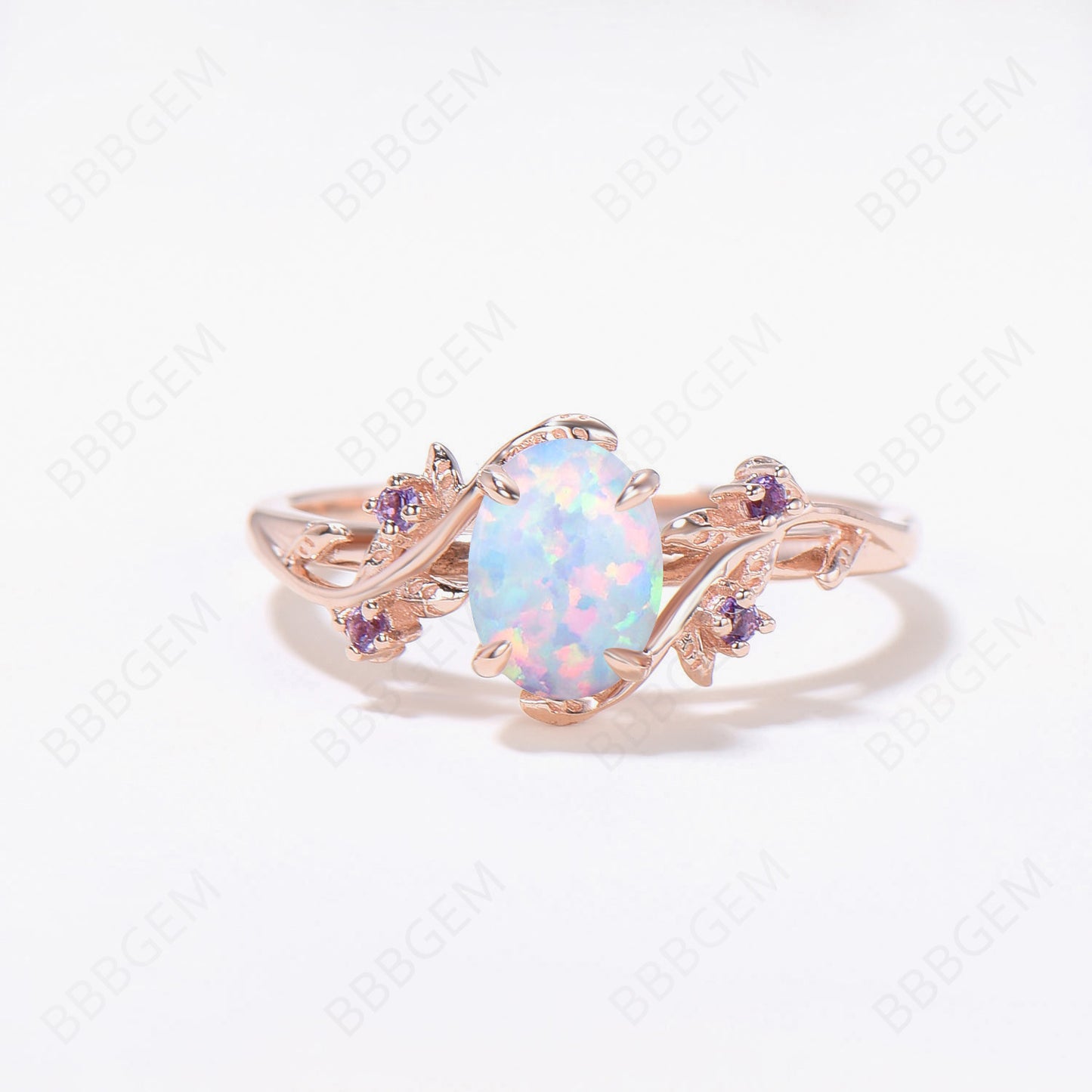 Branch Opal Engagement Ring Oval White Opal Bridal Set Nature Inspired Leaf Alexandrite Ring Rose Gold Wedding Band Enhancer Guard Ring