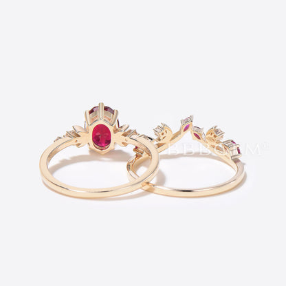 Crescent Moon Ruby Ring Oval Cut Red Ruby Engagement Ring Set