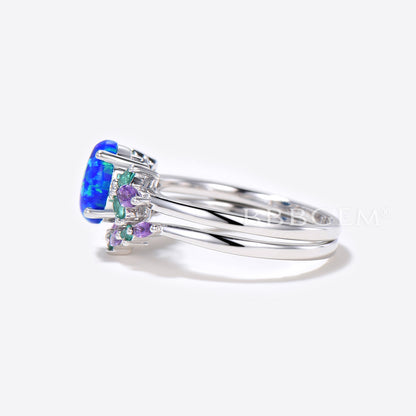 Unique 1.5ct Oval Cut Blue Opal Engagement Ring Set Sterling Silver Emerald Amethyst Wedding Ring Galaxy Blue Fire Opal Bridal Set Promise Gift