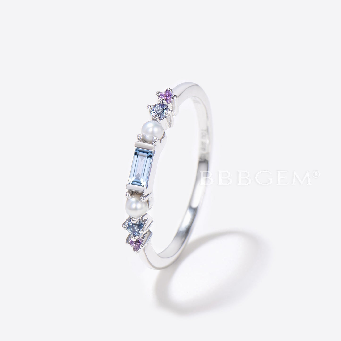 Multi Color Gemstone Silver Ring Band Aquamarine and Pearl Amethyst Birthstone Rainbow Band