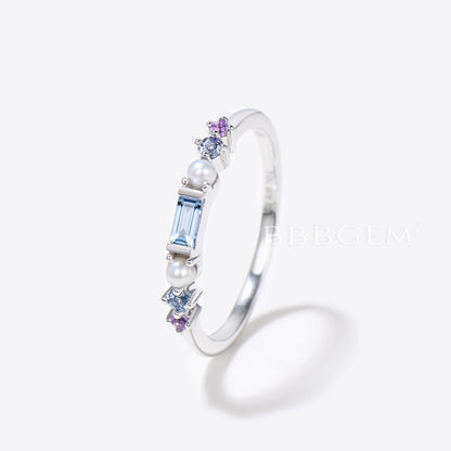 Multi Color Gemstone Silver Ring Band Aquamarine and Pearl Amethyst Birthstone Rainbow Band