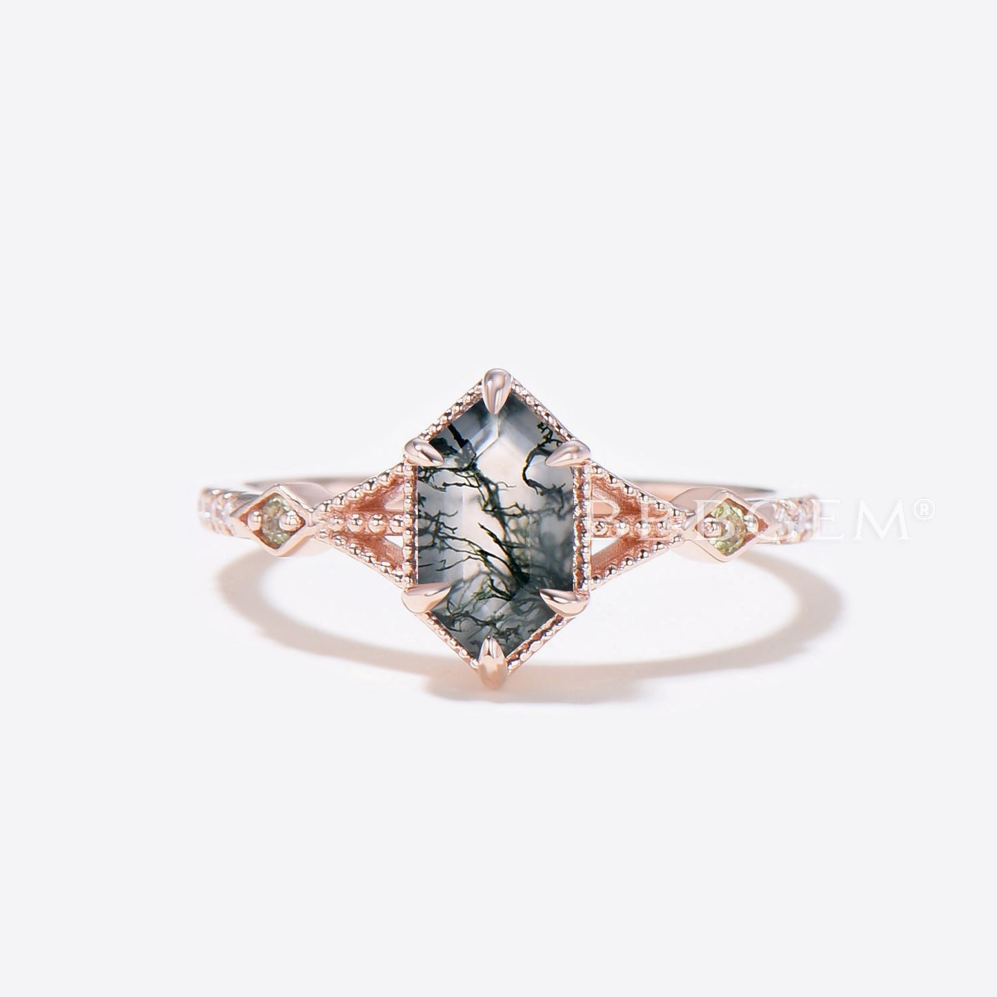 Long Hexagon Cut Moss Agate Ring Set Rose Gold 3-Stones Hexagon Moss Agate Engagement Ring With Square Peridot Accents