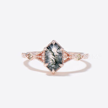 Long Hexagon Cut Moss Agate Ring Set Rose Gold 3-Stones Hexagon Moss Agate Engagement Ring With Square Peridot Accents