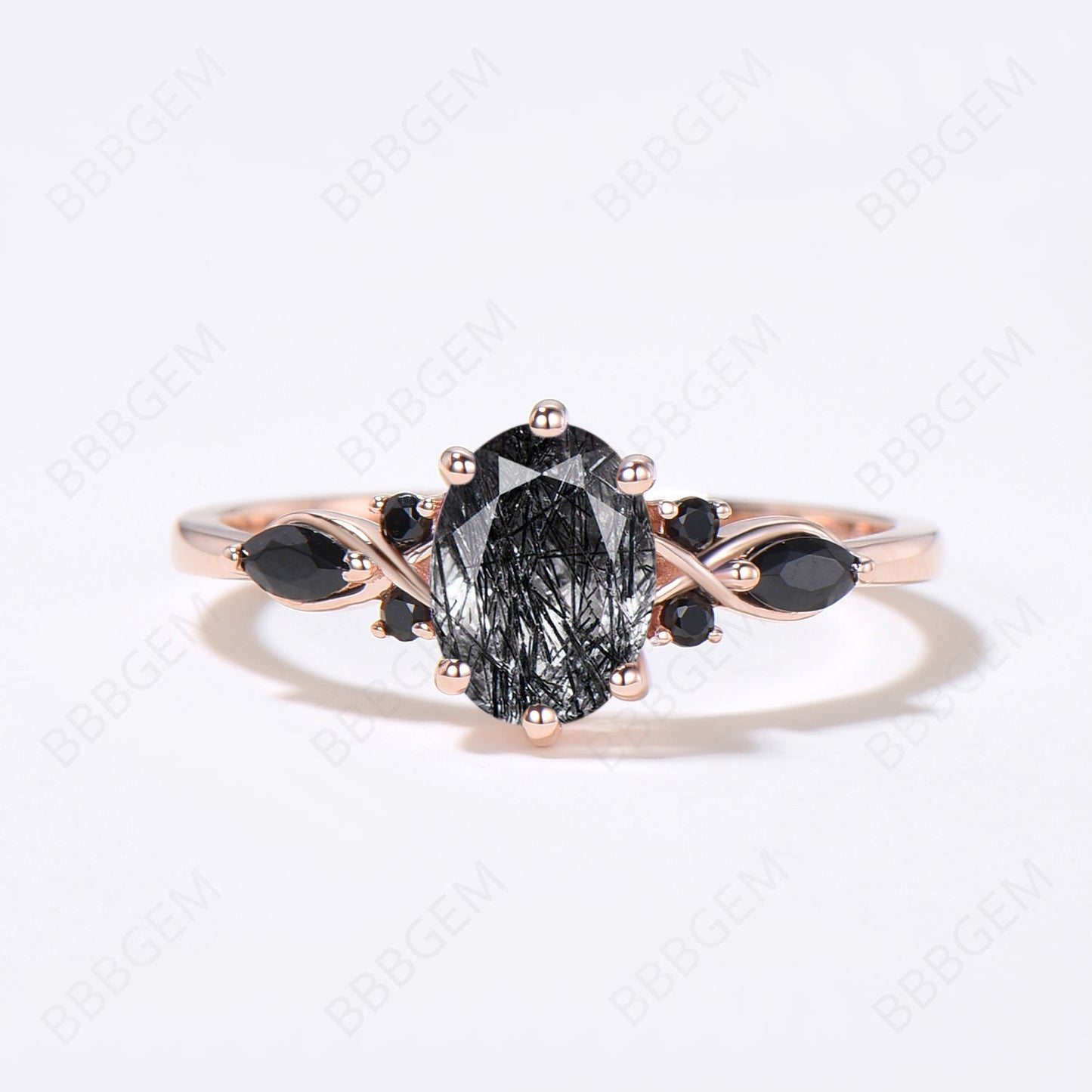 Rose Gold Oval Black Rutilated Quartz Engagement Ring Set