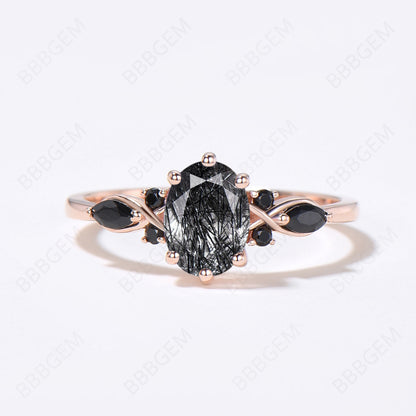 Rose Gold Oval Black Rutilated Quartz Engagement Ring Set