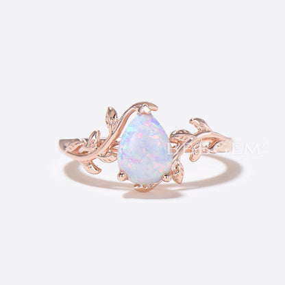 Rose Gold Pear Shaped Opal Engagement Ring Twig Leaf Vine Ring