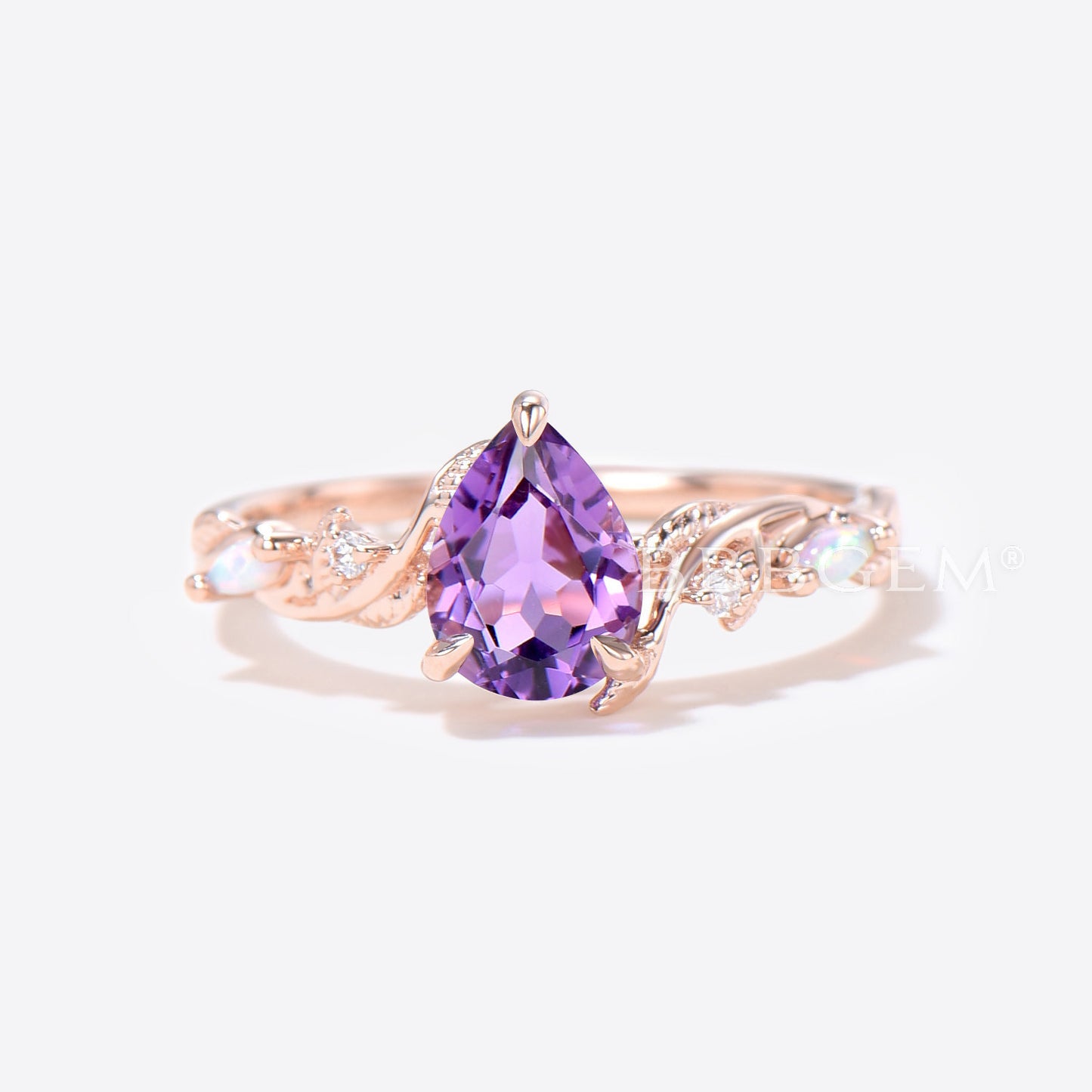 Twig Leaf Natural Amethyst Bridal Set 1.25ct Pear Shaped Amethyst Engagement Ring Purple Crystal Ring