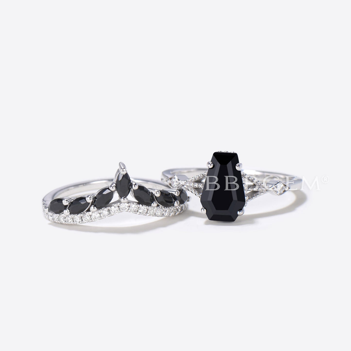 Coffin Shaped Black Onyx Engagement Ring Set Diamond Spinel Ring