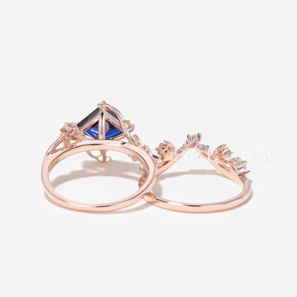 Moon Leaf Princess Cut Blue Sapphire Engagement Ring Nature Inspired Ring