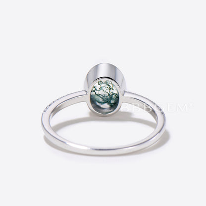 Bezel Set Oval Cut Moss Agate Ring White Gold Engagement ring