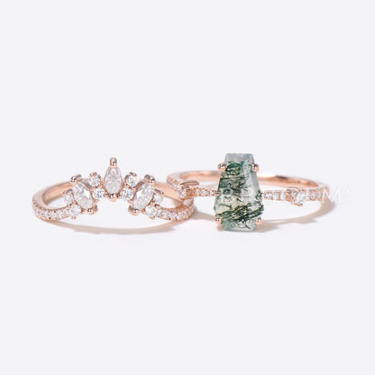 Green Moss Agate Coffin Cut Wedding Ring Set 10k Rose Gold Coffin Moss Agate Engagement Ring Set Moissanite Bridal Sets