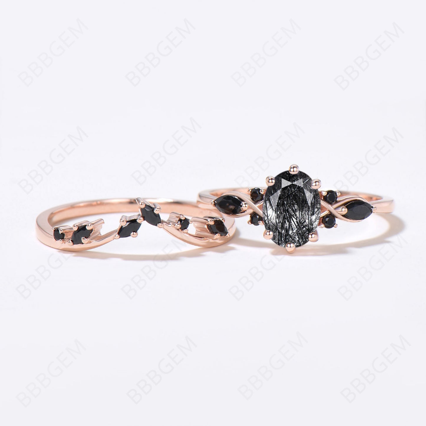 Rose Gold Oval Black Rutilated Quartz Engagement Ring Set