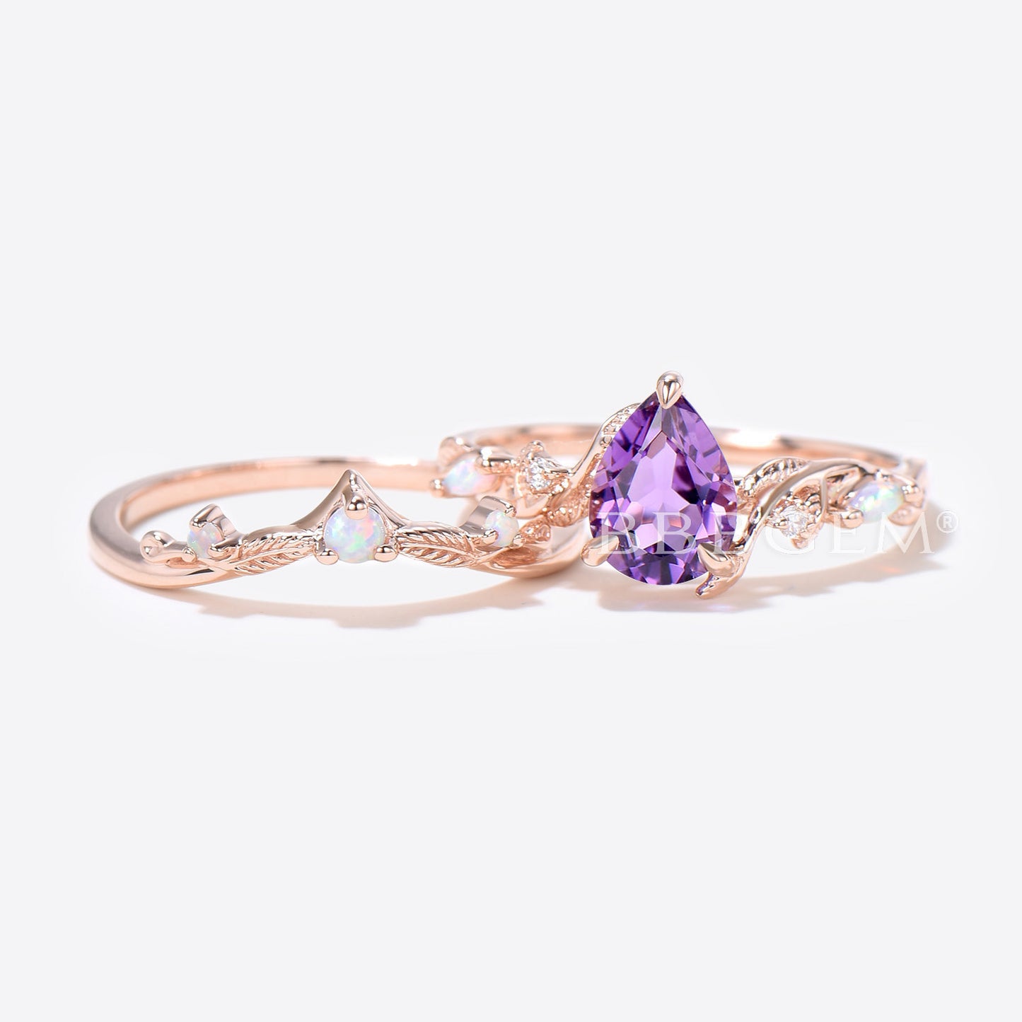 Twig Leaf Natural Amethyst Bridal Set 1.25ct Pear Shaped Amethyst Engagement Ring Purple Crystal Ring