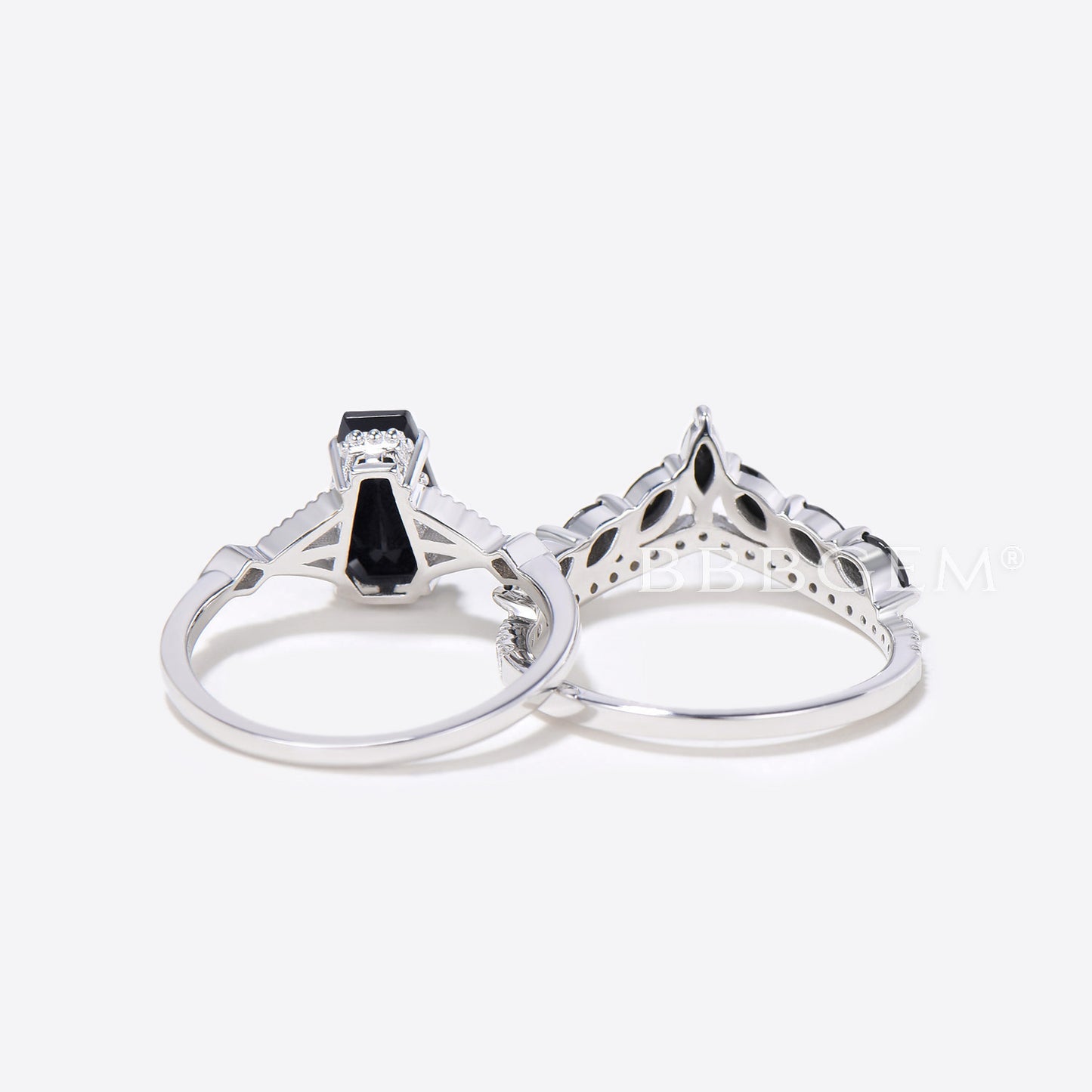 Coffin Shaped Black Onyx Engagement Ring Set Diamond Spinel Ring