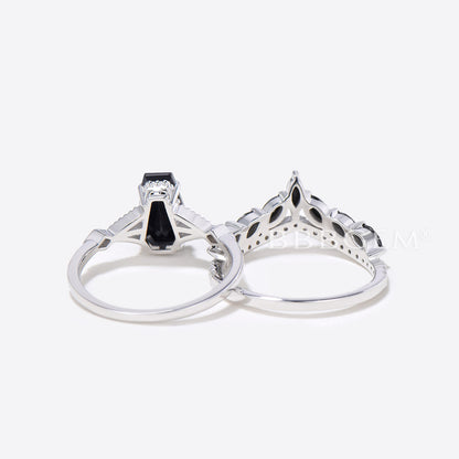 Coffin Shaped Black Onyx Engagement Ring Set Diamond Spinel Ring