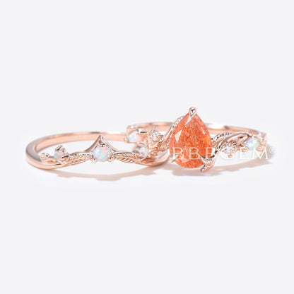 Twig Vine Pear Shaped Sunstone Engagement Ring Leaf Opal Bridal Set