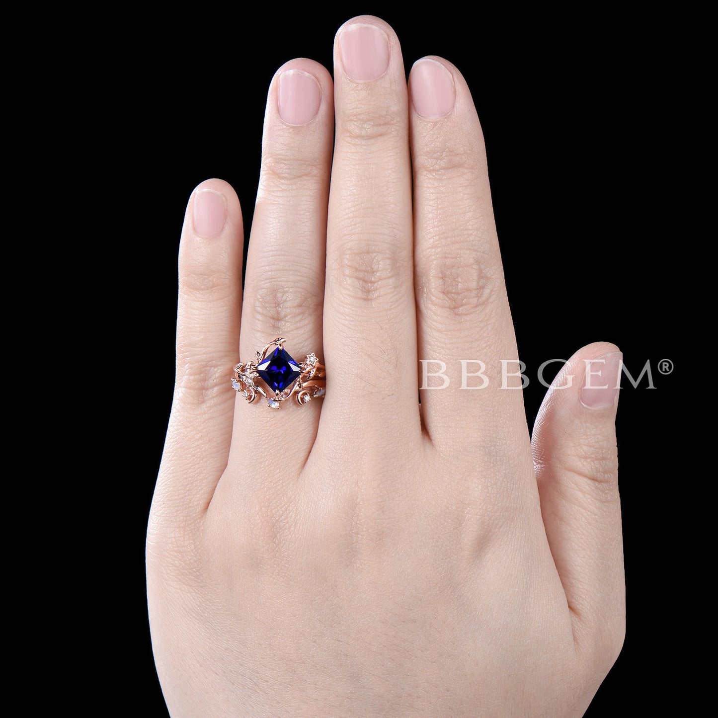 Moon Leaf Princess Cut Blue Sapphire Engagement Ring Nature Inspired Ring