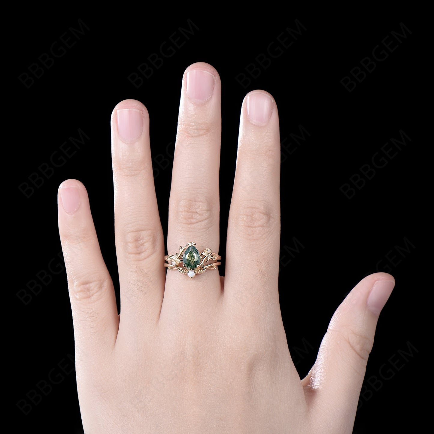 Nature Inspired Twig Leaf Pear Moss Agate Engagement Ring Set