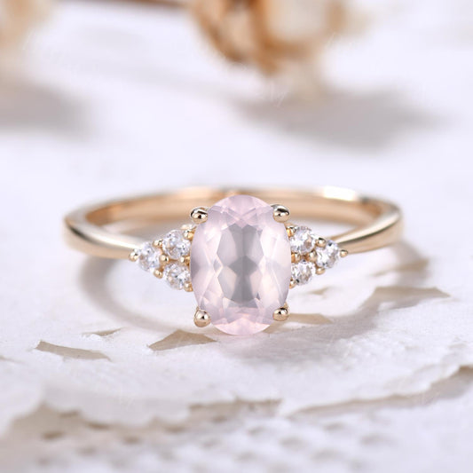 Dainty Rose Gold Rose Quartz Engagement Ring Diamond Ring Plain Gold Band