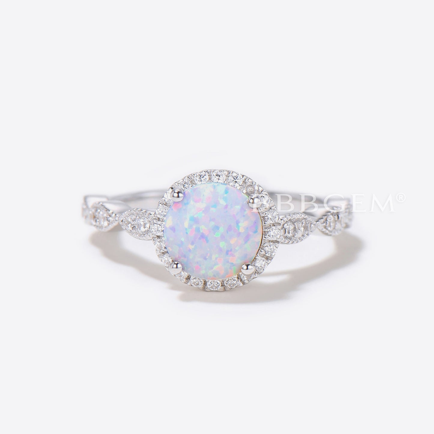 Opal Engagement Ring Halo 14k Rose Gold Moissanite Scalloped Milgrain Wedding Band Anniversary Gift