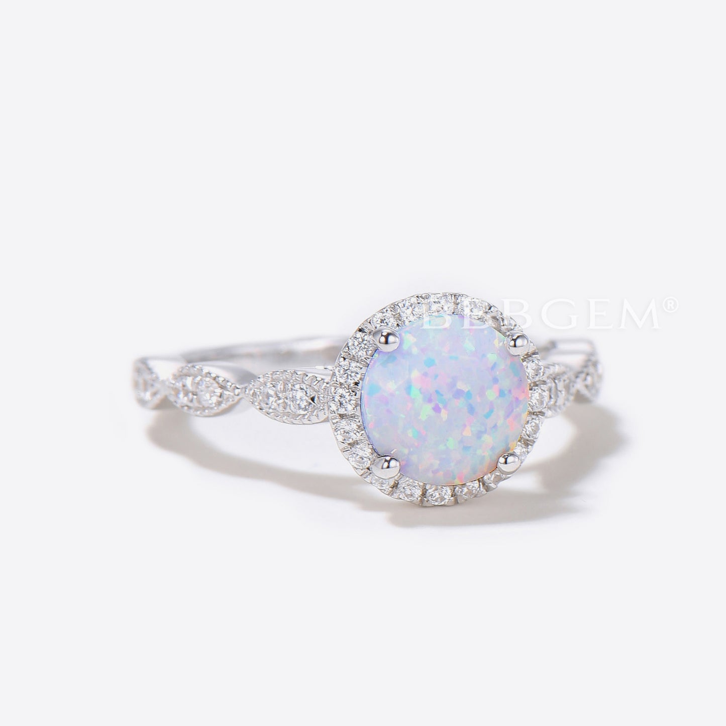 Opal Engagement Ring Halo 14k Rose Gold Moissanite Scalloped Milgrain Wedding Band Anniversary Gift