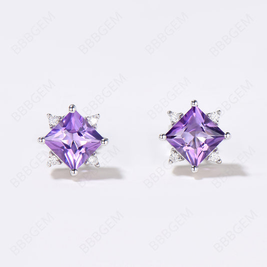 Princess Cut Natural Amethyst Stud Earrings 5 Stone Earrings