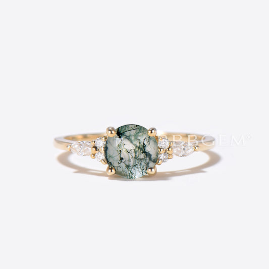 1.2ct Round Natural Moss Agate Engagament Ring Solid 14K Gold Diamond Ring